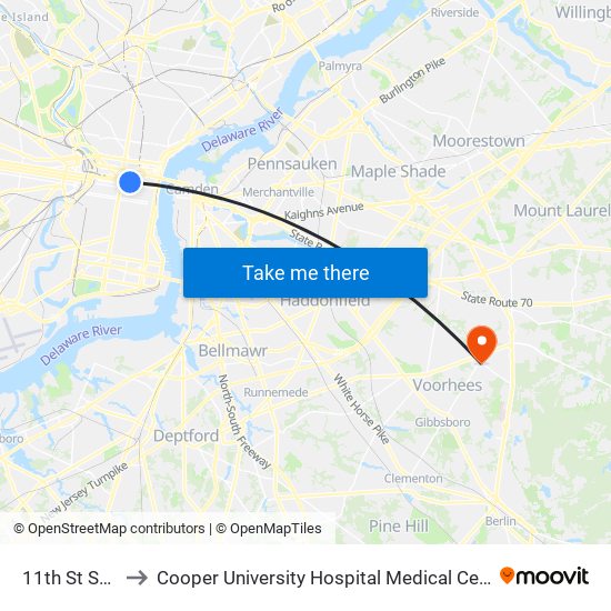 11th St Station to Cooper University Hospital Medical Center Voorhees map