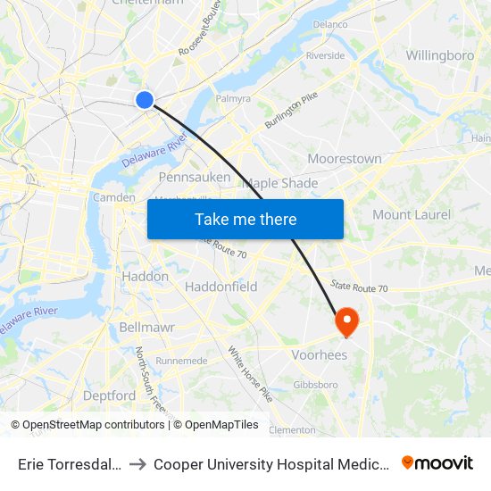 Erie Torresdale Station to Cooper University Hospital Medical Center Voorhees map