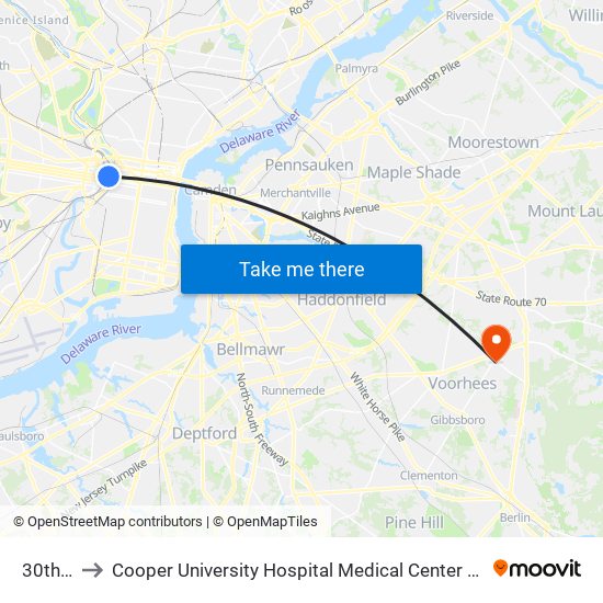 30th St to Cooper University Hospital Medical Center Voorhees map