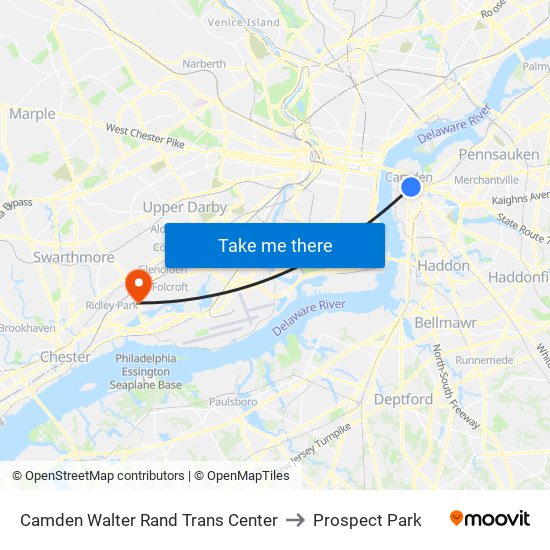 Camden Walter Rand Trans Center to Prospect Park map