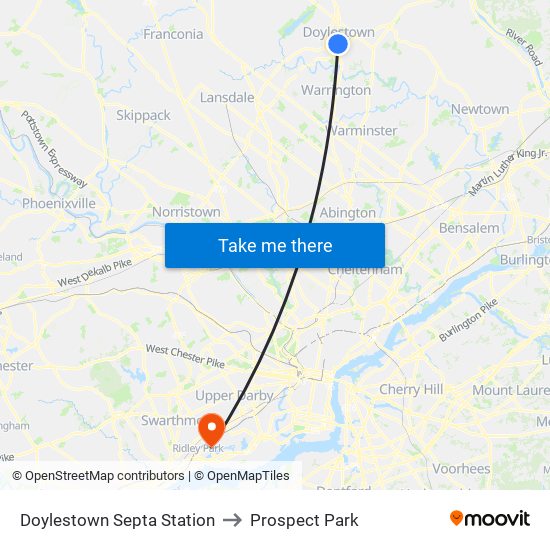 Doylestown Septa Station to Prospect Park map