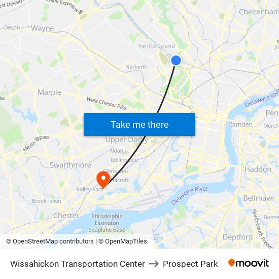 Wissahickon Transportation Center to Prospect Park map