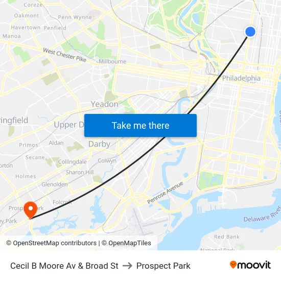 Cecil B Moore Av & Broad St to Prospect Park map