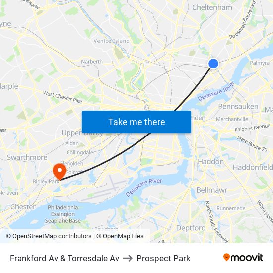 Frankford Av & Torresdale Av to Prospect Park map