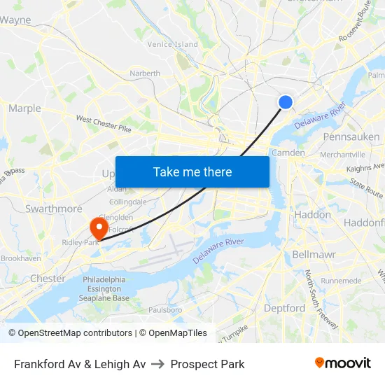 Frankford Av & Lehigh Av to Prospect Park map