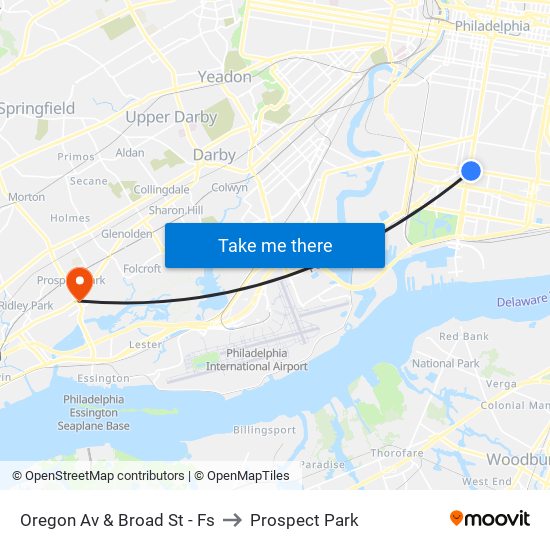 Oregon Av & Broad St - Fs to Prospect Park map