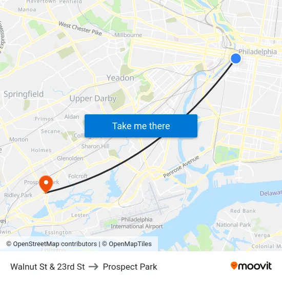 Walnut St & 23rd St to Prospect Park map