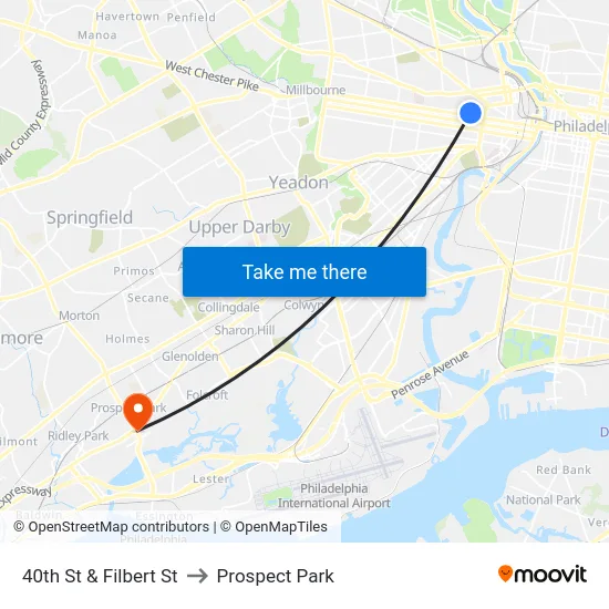 40th St & Filbert St to Prospect Park map