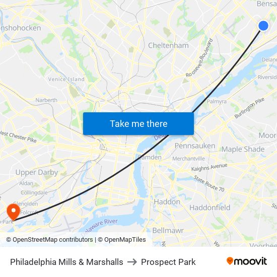 Philadelphia Mills & Marshalls to Prospect Park map