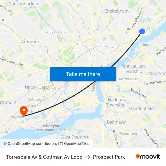Torresdale Av & Cottman Av Loop to Prospect Park map