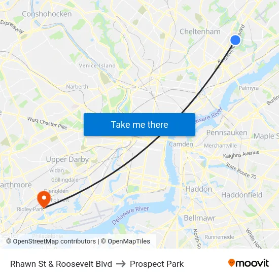 Rhawn St & Roosevelt Blvd to Prospect Park map