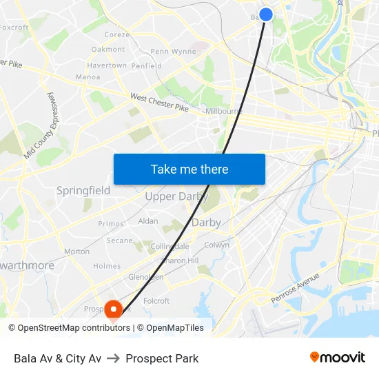 Bala Av & City Av to Prospect Park map