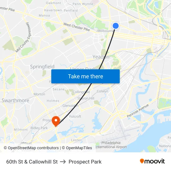 60th St & Callowhill St to Prospect Park map