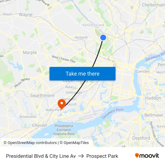 Presidential Blvd & City Line Av to Prospect Park map