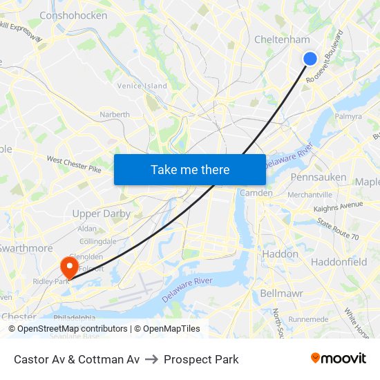 Castor Av & Cottman Av to Prospect Park map