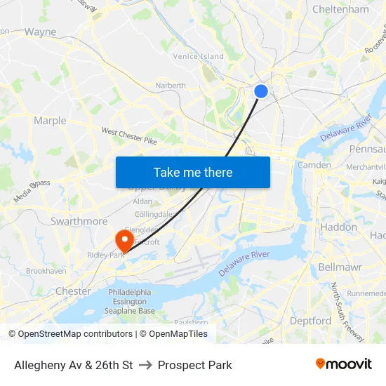Allegheny Av & 26th St to Prospect Park map