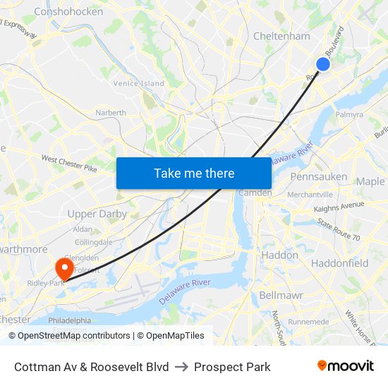 Cottman Av & Roosevelt Blvd to Prospect Park map