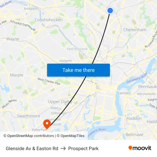 Glenside Av & Easton Rd to Prospect Park map