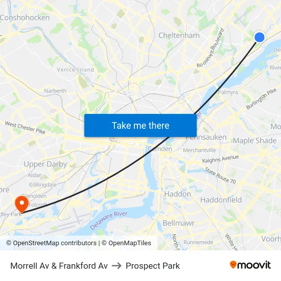 Morrell Av & Frankford Av to Prospect Park map