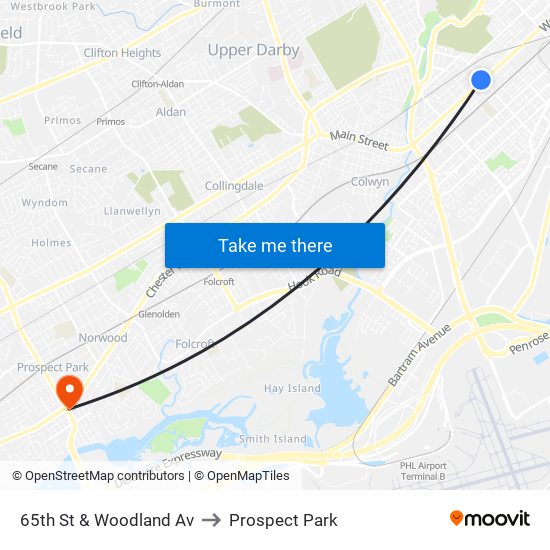 65th St & Woodland Av to Prospect Park map