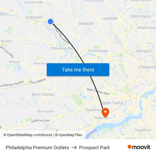 Philadelphia Premium Outlets to Prospect Park map