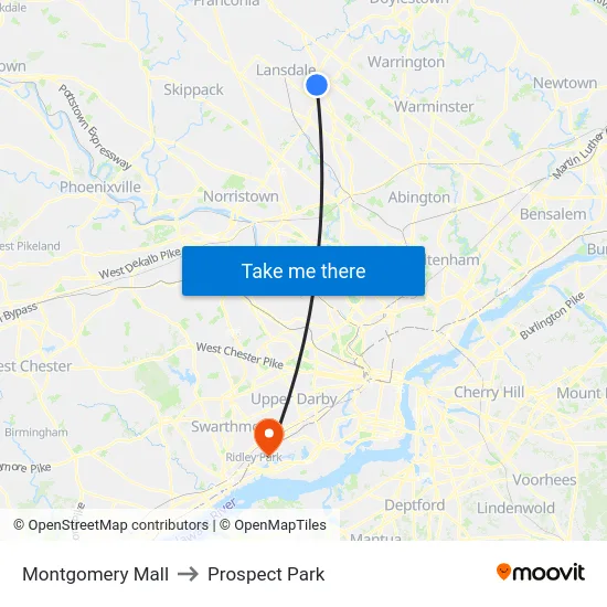 Montgomery Mall to Prospect Park map