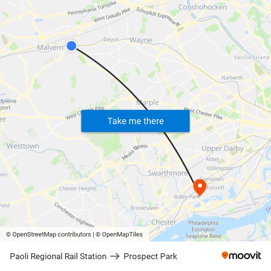 Paoli Regional Rail Station to Prospect Park map