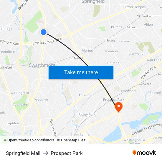 Springfield Mall to Prospect Park map