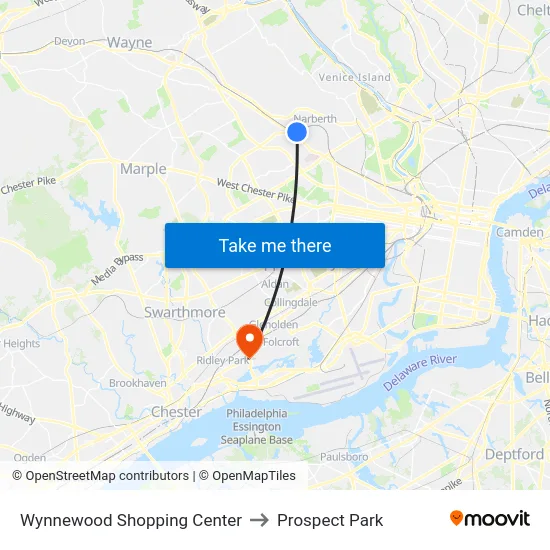 Wynnewood Shopping Center to Prospect Park map
