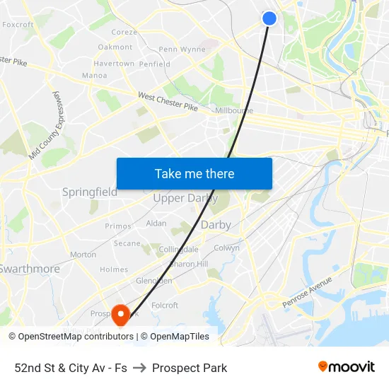 52nd St & City Av - Fs to Prospect Park map