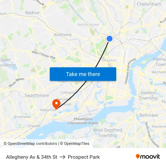 Allegheny Av & 34th St to Prospect Park map