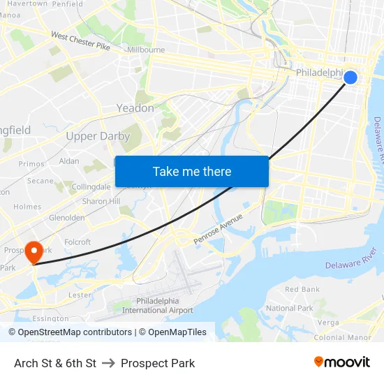 Arch St & 6th St to Prospect Park map