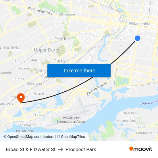 Broad St & Fitzwater St to Prospect Park map