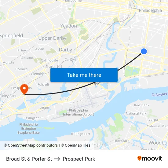 Broad St & Porter St to Prospect Park map
