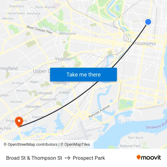 Broad St & Thompson St to Prospect Park map