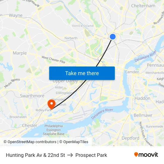 Hunting Park Av & 22nd St to Prospect Park map