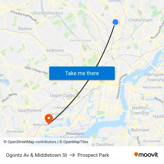 Ogontz Av & Middletown St to Prospect Park map