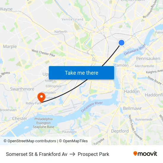 Somerset St & Frankford Av to Prospect Park map