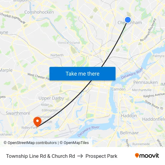Township Line Rd & Church Rd to Prospect Park map