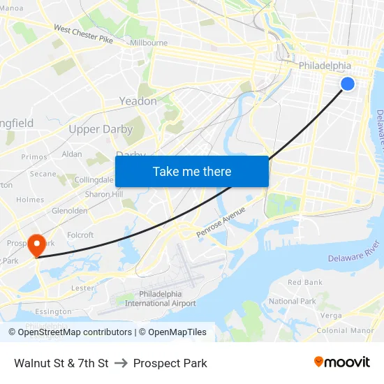 Walnut St & 7th St to Prospect Park map