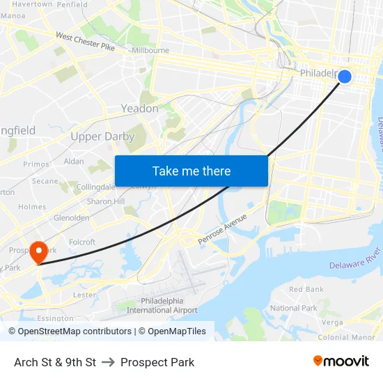 Arch St & 9th St to Prospect Park map