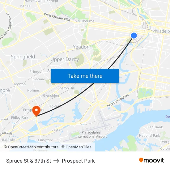 Spruce St & 37th St to Prospect Park map