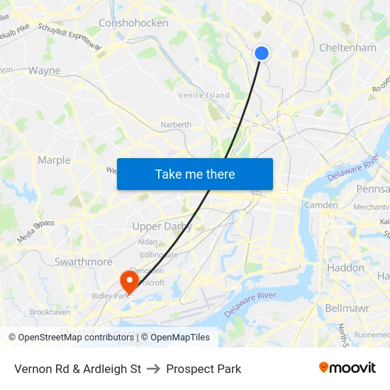 Vernon Rd & Ardleigh St to Prospect Park map