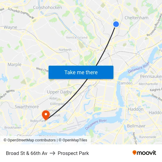 Broad St & 66th Av to Prospect Park map