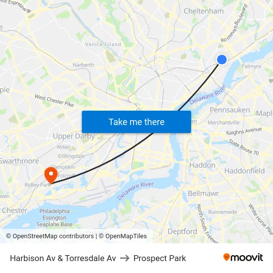 Harbison Av & Torresdale Av to Prospect Park map