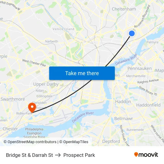 Bridge St & Darrah St to Prospect Park map