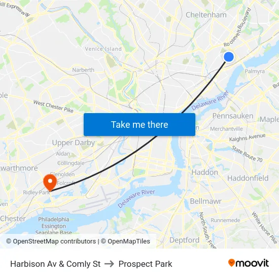 Harbison Av & Comly St to Prospect Park map