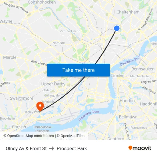 Olney Av & Front St to Prospect Park map