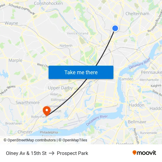 Olney Av & 15th St to Prospect Park map