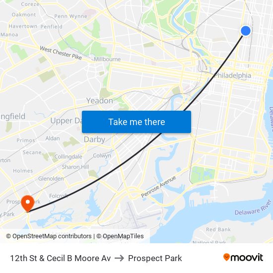 12th St & Cecil B Moore Av to Prospect Park map